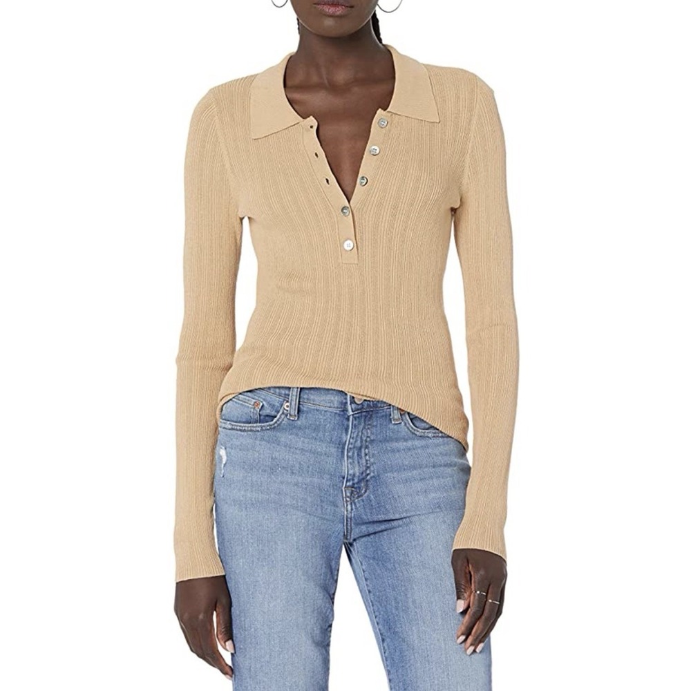 The Drop Ribbed Henley Polo Shirt Size Small Beige Long Sleeve